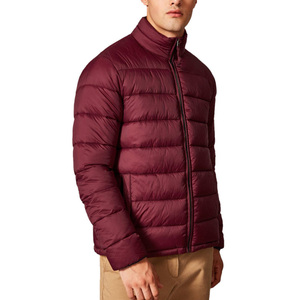 Unisex Burgundy Puffer Jacket Hooded Stand Collar Zipper Closure Windproof Cotton Filling Casual Winter Wear Slim Fit Regular - Product Image 1