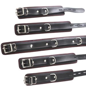 Leather Bondage Restraints Set With Wrist And Ankle Cuffs Red Lining Metal Buckles And Connectors - Product Image 6