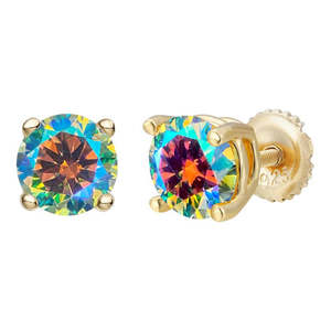 Pendientes de Moissanita con Efecto Ópalo Arcoíris en Plata de Ley Chapada en Oro, Diseño Solitario de Cuatro Puntas - Product Image 1