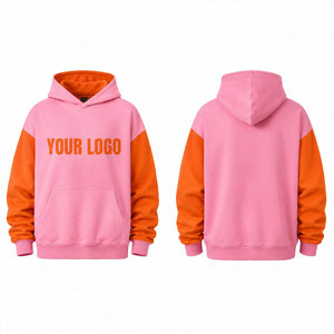 Pink <b>Orange</b> Color Block Hoodie Unisex Oversized <b>Fleece</b> Casual Autumn Wear With Front Pocket Heat Transfer Print - Product Image 1