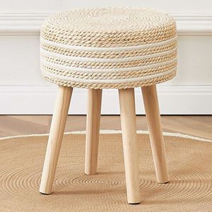 Natural Seagrass Ottoman Footstool with Solid Wood Legs Handwoven Hyacinth Footrest <b>Step</b> <b>Stool</b> - Product Image 1
