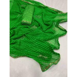 CRÉATEUR GEORGETTE MIROIR TRAVAIL AVEC BUTTI TRAVAIL SAREE AVEC BLOUSE INCOSÉE VERT - Product Image 1