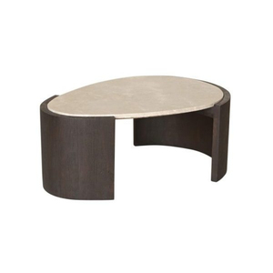 Table basse ovale moderne avec plateau en marbre et base en bois, meubles de salon - Product Image 3