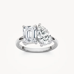 Anillo de compromiso Toi et Moi con diamante cultivado en laboratorio de 2.00 CTW, corte esmeralda y pera, certificado IGI, oro sólido de 14K, anillo nupcial de dos piedras. - Product Image 1
