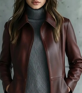 Abrigo de Cuero Marrón Genuino Hecho a Mano para Mujer, Chaqueta Elegante de Moda Otoño Invierno - Product Image 1