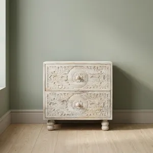 Mesa de Noche Vintage de Madera Tallada a Mano con Dos Cajones, Diseño Floral, Gabinete de Almacenamiento para Dormitorio o Sala de Estar - Product Image 4