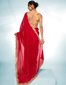 Traditional <b>Red</b> Rayon Silk Saree with Gold Embellished Border and Unstitched <b>Blouse</b> for Wedding and Party Wear - Product Image 4
