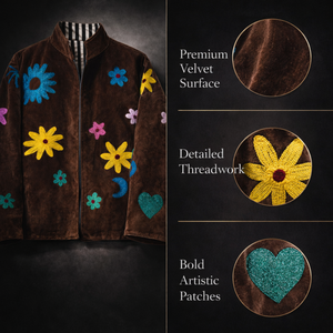 Veste bomber en velours brodée à la main pour femmes, col montant, motif floral, manteau de créateur - Product Image 6