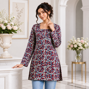 Kurti en coton premium à imprimé floral Sanganeri pour femmes, col carré, haut long, vêtements ethniques décontractés, fournisseur en gros, qualité export. - Product Image 3