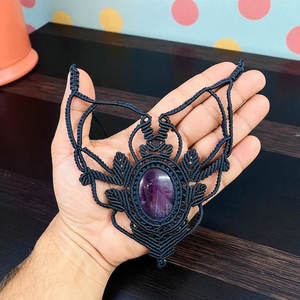 Collier en macramé d'améthyste naturelle fait main, pendentif bohème, cristal de guérison, tressé noir, réglable - Product Image 3