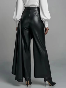 Pantalones Anchos Asimétricos de Piel Sintética Negra para Mujer, Cintura Alta, con Botones, Estilo Casual y Atrevido, Aspecto Premium - Product Image 4