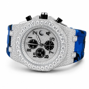 Montre chronographe de luxe pour hommes en acier inoxydable avec boîtier incrusté de diamants et bracelet en caoutchouc bleu, mouvement à quartz analogique - Product Image 5