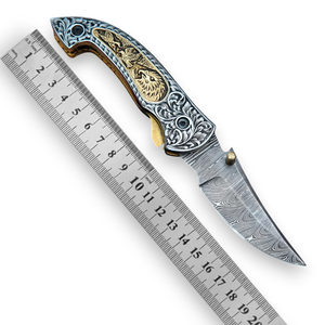 Forge Industrial Grade Custom Damascus Steel Folding Blade Knife Hand Engraved Handle <b>Leather</b> Sheath Pocket EDC Hunting - Product Image 5