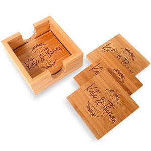 Custom Wood <b>Coaster</b> Set with Holder Personalized Laser Engraved Tree Design Wedding Gift Favor Square Drink <b>Coasters</b> <b>Beer</b> Mat - Product Image 2