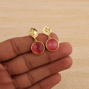 Pink Cat's Eye Bezel Set <b>Earrings</b> Elegant <b>Dangle</b> Handmade Women's <b>Gold</b> Plated Jewelry - Product Image 1