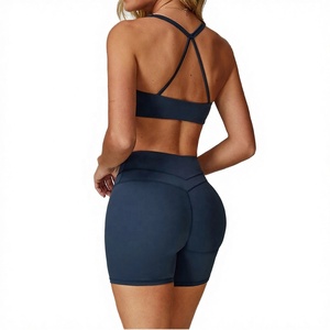 Women's Navy <b>Blue</b> Solid 2 Piece Yoga Set High Waisted Shorts Crisscross Back Sports <b>Bra</b> Front Seamless Butt Scrunch Activewear - Product Image 2