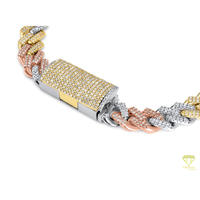 Pulsera de Lujo con Eslabones Cubanos Tricolor, Moissanita, Acabado en Oro Blanco, Amarillo y Rosa, y Piedras VVS Totalmente Cubiertas