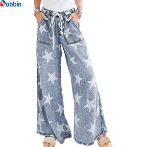 Jeans pour femmes style streetwear, imprimé étoiles, délavage clair, taille haute avec cordon de serrage, coupe large, couleur personnalisée, vintage, baggy - Product Image 1