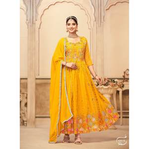BATA DE TRABAJO BORDADA DE DISEÑADOR GEORGETTE CON DUPATTA AMARILLO - Product Image 1