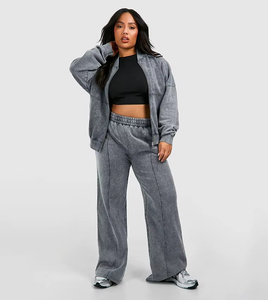 Conjunto Deportivo Gris para Mujer, Talla Grande, Estilo Casual, Color Sólido, Manga Larga, Pantalones Anchos con Bolsillos Laterales, Ropa de Otoño - Product Image 2