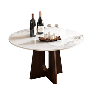 Table à manger ronde moderne en marbre de 53 pouces avec base en bois massif noyer, design croisé robuste pour 4 à 6 personnes, en pierre frittée - Product Image 1