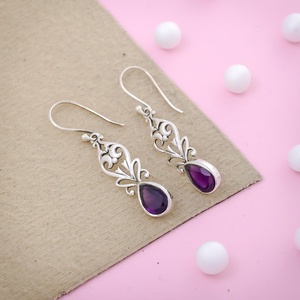 Wholesale 925 Sterling <b>Silver</b> Natural Amethyst Filigree Drop <b>Earrings</b> Handmade Pear Shape Gemstone <b>Dangle</b> <b>Earrings</b> for Women - Product Image 3