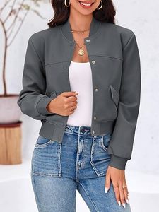 Chaqueta Bomber Gris para Mujer, Manga Larga, Cuello Alto, Cierre de Botones, Bolsillos con Parches, Ropa Casual de Otoño - Product Image 3