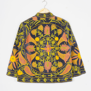 Women Velvet Embroidered <b>Jacket</b> <b>Mandarin</b> <b>Collar</b> Lantern Sleeve Floral Boho Style Autumn Coat Handmade Suzani Pattern - Product Image 5