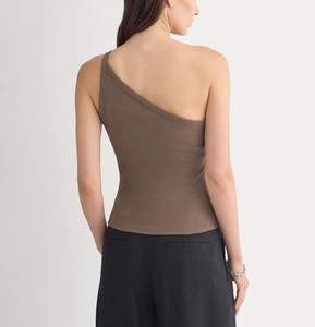 Women's Asymmetric 100% Cotton Knitted Rib Textured <b>One</b> Shoulder Tank <b>Top</b> Solid Deep Taupe Color Breathable Quick Dry - Product Image 3