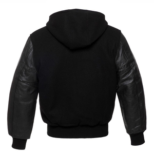 Veste varsity noire pour homme avec manches en cuir, capuche et fermeture à boutons, vêtement décontracté pour l'hiver - Product Image 3
