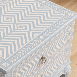 Handmade Bone Inlay Light <b>Blue</b> 2 Drawer Nightstand Floral <b>Bedside</b> <b>Table</b> Handmade Bone Inlay Furniture for Bedroom - Product Image 3