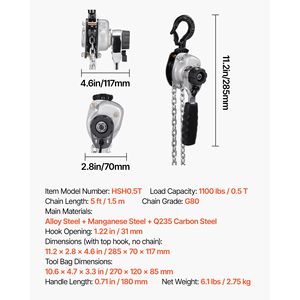 Polipasto de Cadena Manual de Alta Resistencia 1/2T 1100LBS Capacidad 10FT Elevación Cadena de Acero Aleado G80 Mecanismo de Doble Trinquete - Product Image 6