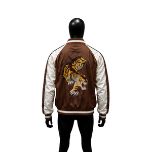 Veste de baseball en satin marron personnalisée avec des rayures contrastées blanches, broderie de luxe à double tête de tigre, veste bomber de luxe - Product Image 2