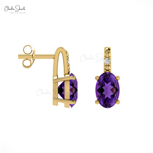 <b>Asian</b> Manufacturers 6x4mm Oval Cut Amethyst Earrings in 14k Solid Gold Diamond Accent Push Back Earrings Christmas Gift For Her - Product Image 1