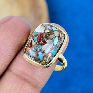 Bague en turquoise cuivrée d'huître bleue épineuse naturelle, plaqué or 18 carats sur argent sterling 925 - Product Image 3