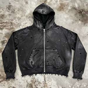 Sweat à capuche zippé pour homme, style streetwear, personnalisé, vintage, effet usé avec trous, coupe oversize, effet ciré, grammage lourd 400-500 g/m², coupe carrée et courte - Product Image 2