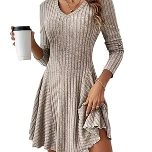 Nuevo Vestido Informal de Otoño para Mujer 2025, Estilo Francés, Tejido de Punto, Cuello en V, Manga Larga, Hasta la Rodilla, Color Sólido, Cintura Natural, Simple - Product Image 1