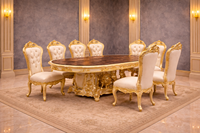 Ensemble de table et chaises à manger en bois massif italien antique, suite de salle à manger classique, acheter une table et des chaises à manger 6 places finition or antique