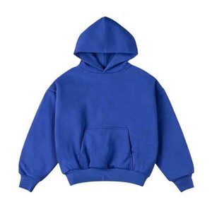 Sweat-shirt à capuche unisexe surdimensionné bleu uni en molleton bouclette décontracté avec poches coupe classique style tricoté automne - Product Image 1