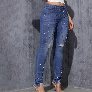 กางเกงยีนส์ทรงตรงเอวสูงสำหรับผู้หญิง ระบายอากาศได้ดี ตกแต่งด้วยคริสตัลและเพชรเทียม ลวดลายปะติดปะต่อ ผ้าเดนิมฟอกสี - Product Image 5