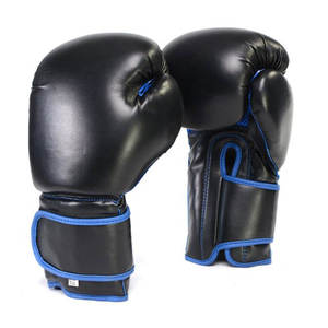 Gants de boxe en cuir noir, à doigts entiers, antidérapants, respirants, avec bordure bleue, fermeture à lacets, pour entraînement adulte - Product Image 1