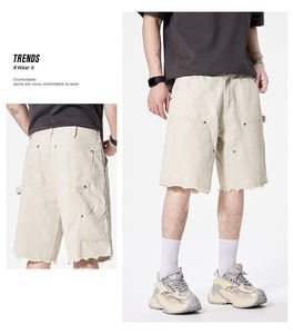 Shorts cargo en jean beige pour homme, taille mi-haute, bords bruts, effet usé, décontracté d'été, en coton tissé, avec poches - Product Image 6