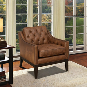 Fauteuil classique en cuir véritable avec dossier capitonné, pieds en bois massif, fauteuil d'appoint de luxe pour salon, hôtel - Product Image 2