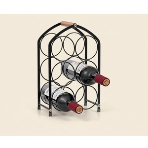 Modern Arched Industrial Stylish Wine <b>Shelf</b> 6 Bottles Countertop Metal Black Cabinet <b>Bar</b> Kitchen Wine Holder With Wood Handle - Product Image 1