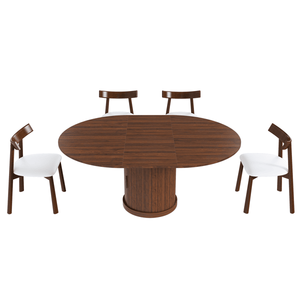 Set Tavolo da Pranzo Ovale Allungabile da 150 cm con 4 Sedie in Noce, Tavolo Espandibile Senza Binari da 120-150 cm, 2 Ripiani Portaoggetti, Sedute Imbottite in PU - Product Image 3