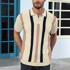 Polo de Punto Casual para Hombre, Manga Corta, Estilo Vintage a Rayas, Cierre de Botones, Corte Ajustado, para Golf o Vacaciones - Product Image 2
