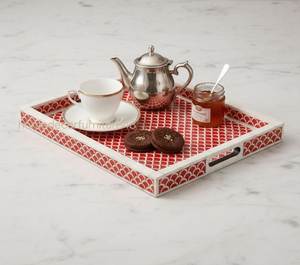 Plateau de service rectangulaire moderne fait main, écologique et durable, avec incrustations en os, poignées décoratives florales bleues, pour café et Diwali - Product Image 3