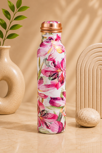 Bouteille d'eau en cuivre émaillé faite à la main avec un design floral géométrique rétro – Bouteille ayurvédique anti-fuite pour la maison et le bureau - Product Image 4