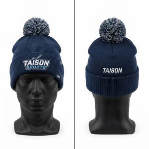 TAISON SPORTS 100% <b>Wool</b> 280 GSM Ice Hockey <b>Beanie</b> Cap Adjustable Ribbed Cuff Gray Pom Pom Custom Logo (3D Embroidery) Unisex - Product Image 1
