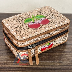 2026 Portable Hand Tooled Leather Jewelry Case Cheery Design Genuine Cow Leather <b>Small</b> Travel Jewelry <b>Box</b> with Zipper for Girls - Product Image 1
